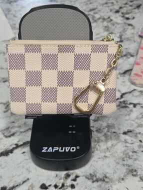 Checker Print Zip Pouch with Gold Chain Key Clip